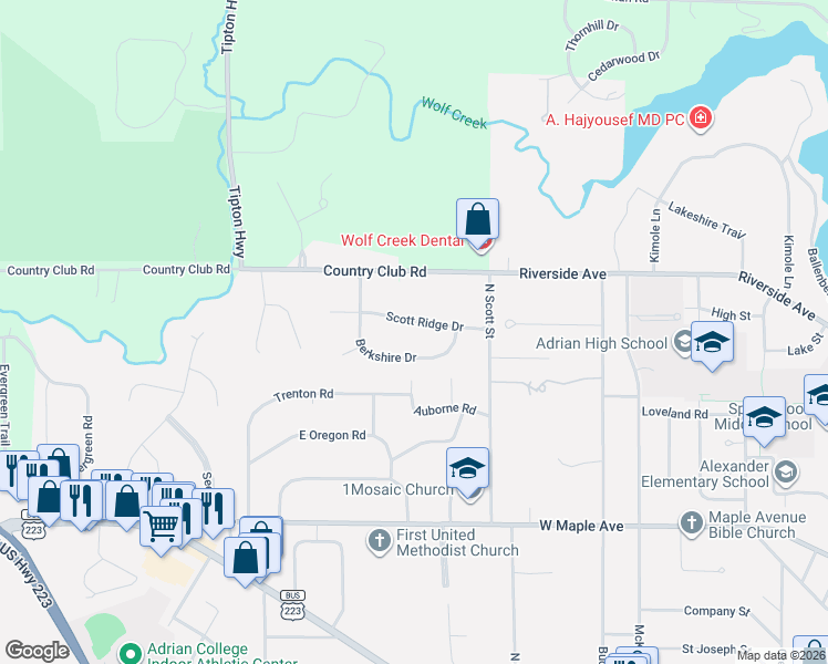 map of restaurants, bars, coffee shops, grocery stores, and more near 1188 Scott Ridge Drive in Adrian