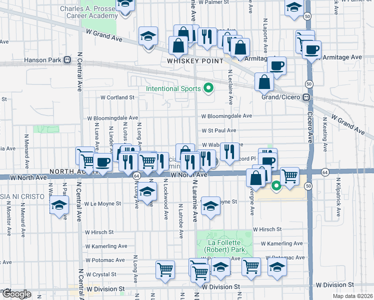 map of restaurants, bars, coffee shops, grocery stores, and more near 5206 a West Wabansia Avenue in Chicago