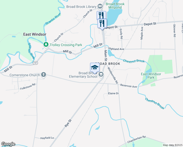 map of restaurants, bars, coffee shops, grocery stores, and more near 14 Rye Street in East Windsor