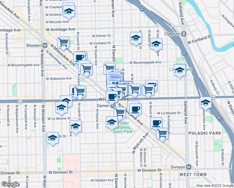 map of restaurants, bars, coffee shops, grocery stores, and more near 1632 North Winchester Avenue in Chicago
