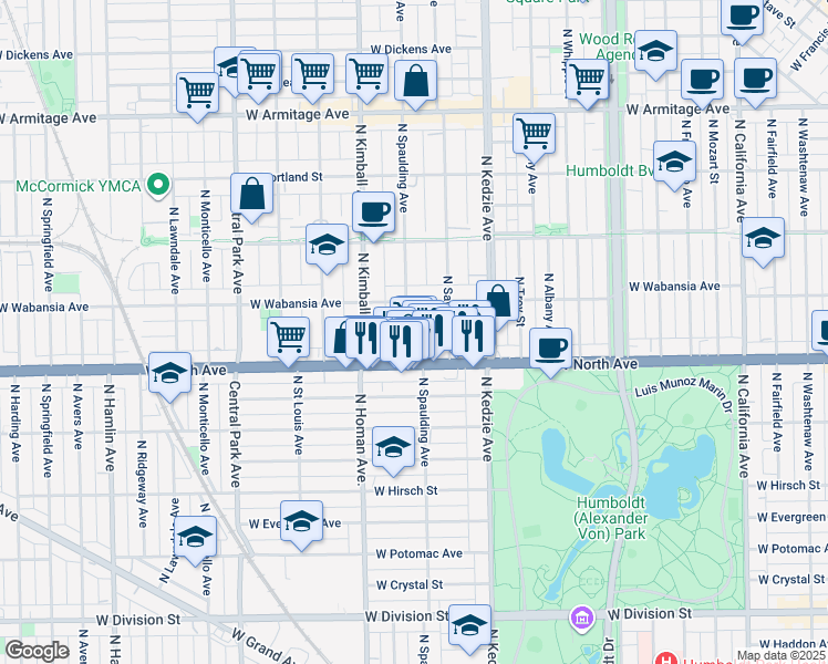 map of restaurants, bars, coffee shops, grocery stores, and more near 1643 North Spaulding Avenue in Chicago