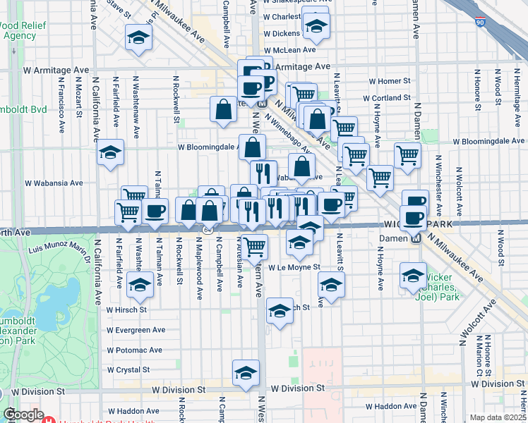 map of restaurants, bars, coffee shops, grocery stores, and more near 1635 North Western Avenue in Chicago