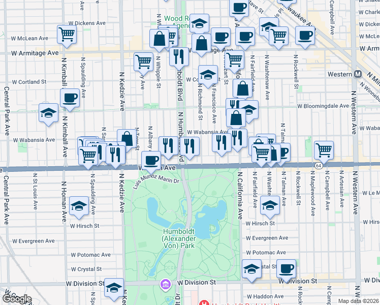 map of restaurants, bars, coffee shops, grocery stores, and more near 1650 North Humboldt Boulevard in Chicago