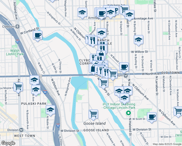 map of restaurants, bars, coffee shops, grocery stores, and more near 1630 North Kingsbury Street in Chicago