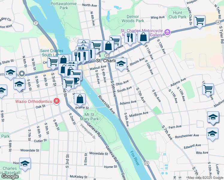 map of restaurants, bars, coffee shops, grocery stores, and more near 420 South Avenue in St. Charles