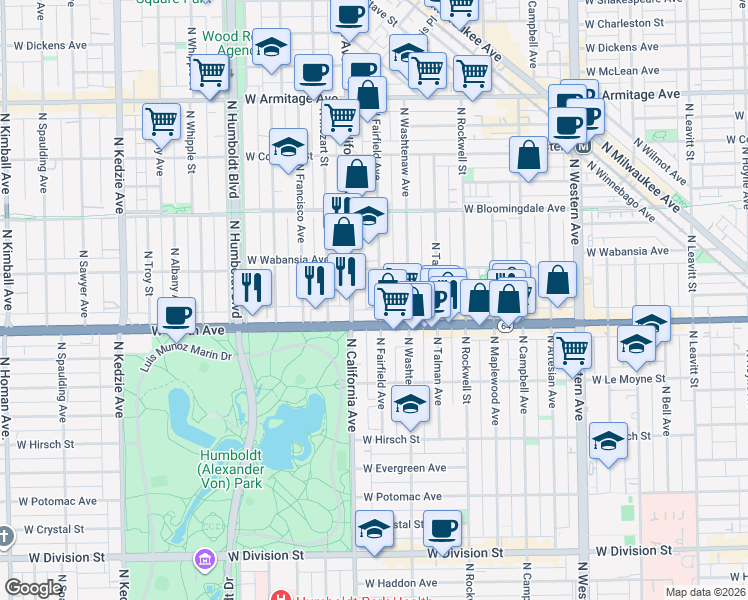 map of restaurants, bars, coffee shops, grocery stores, and more near 1642 North Fairfield Avenue in Chicago