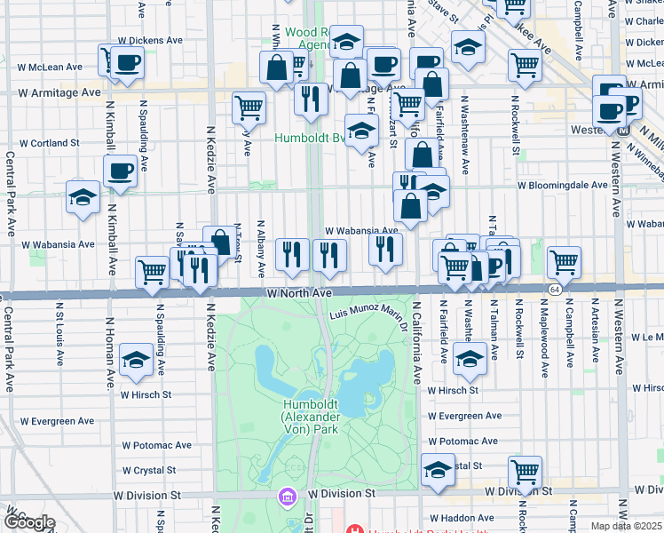 map of restaurants, bars, coffee shops, grocery stores, and more near 1642 North Richmond Street in Chicago