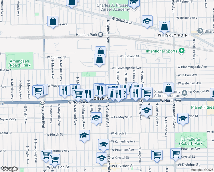 map of restaurants, bars, coffee shops, grocery stores, and more near 1707 North Parkside Avenue in Chicago