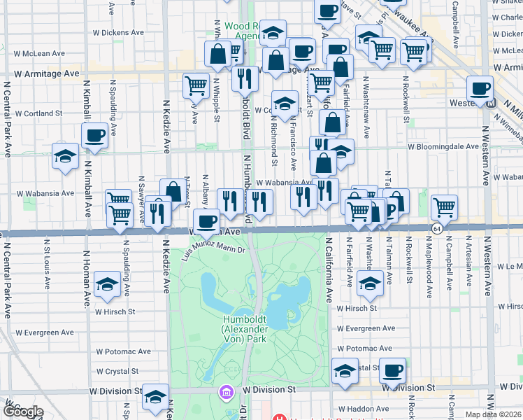 map of restaurants, bars, coffee shops, grocery stores, and more near 1627 North Humboldt Boulevard in Chicago