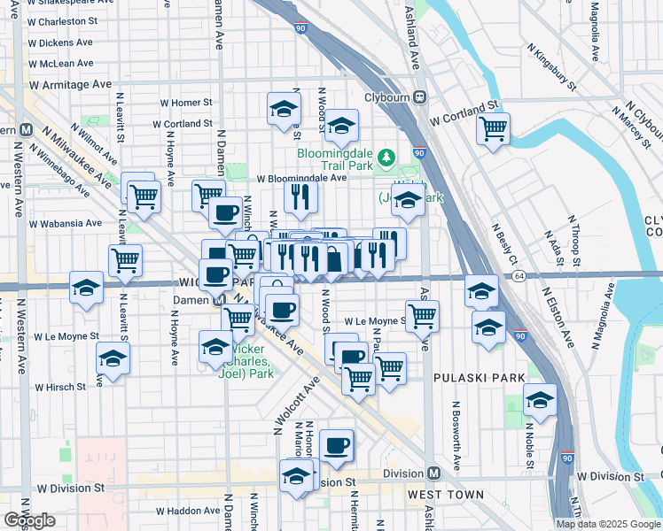 map of restaurants, bars, coffee shops, grocery stores, and more near 1615 North Wood Street in Chicago