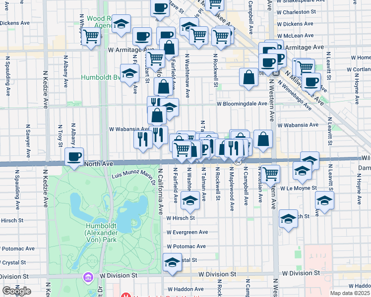 map of restaurants, bars, coffee shops, grocery stores, and more near 1639 North Washtenaw Avenue in Chicago