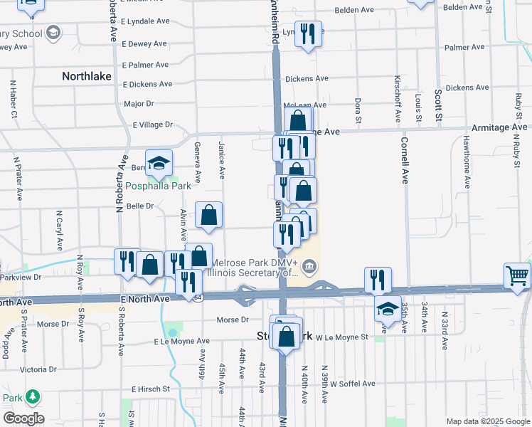 map of restaurants, bars, coffee shops, grocery stores, and more near 2129 Mannheim Road in Melrose Park