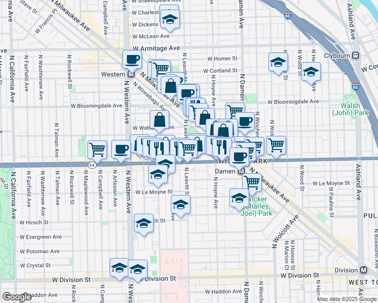 map of restaurants, bars, coffee shops, grocery stores, and more near 2157 West Concord Place in Chicago