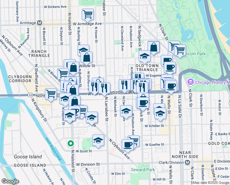 map of restaurants, bars, coffee shops, grocery stores, and more near West North Avenue & North Mohawk Street in Chicago