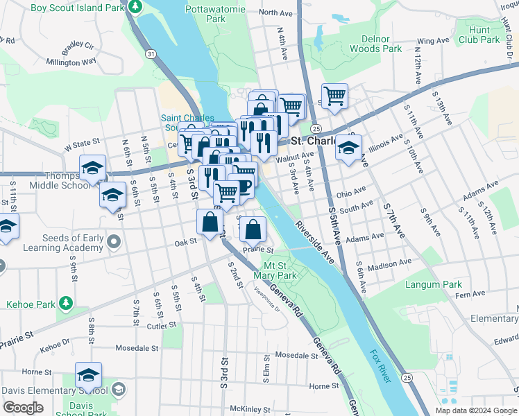 map of restaurants, bars, coffee shops, grocery stores, and more near 6 Indiana St in St Charles