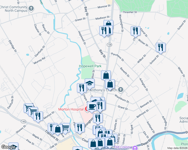 map of restaurants, bars, coffee shops, grocery stores, and more near 22 Dartmouth Street in Taunton