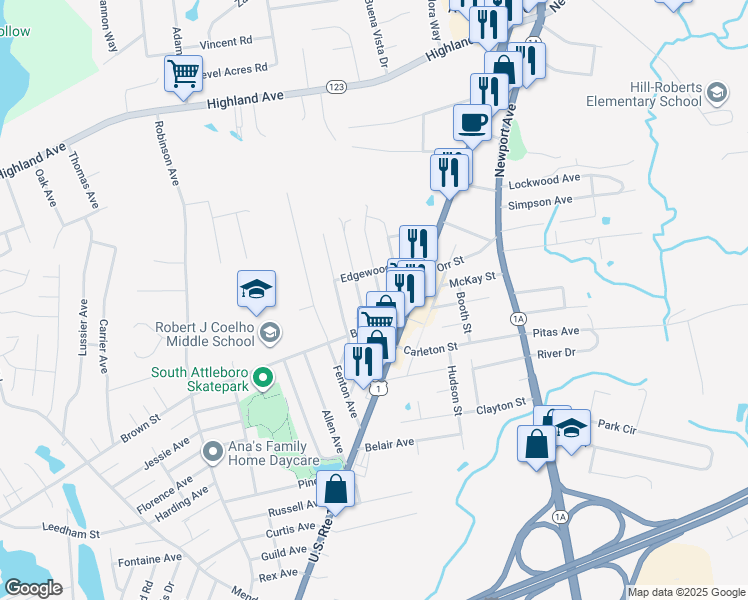 map of restaurants, bars, coffee shops, grocery stores, and more near 41 Rand Avenue in Attleboro