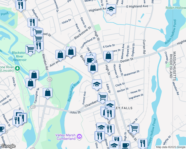 map of restaurants, bars, coffee shops, grocery stores, and more near 433 Broad Street in Cumberland