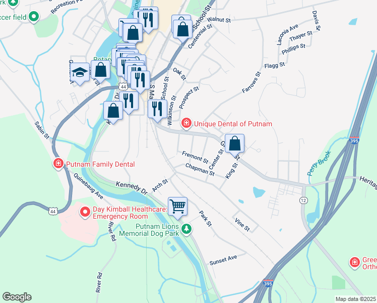 map of restaurants, bars, coffee shops, grocery stores, and more near 18 Pleasant Street in Putnam