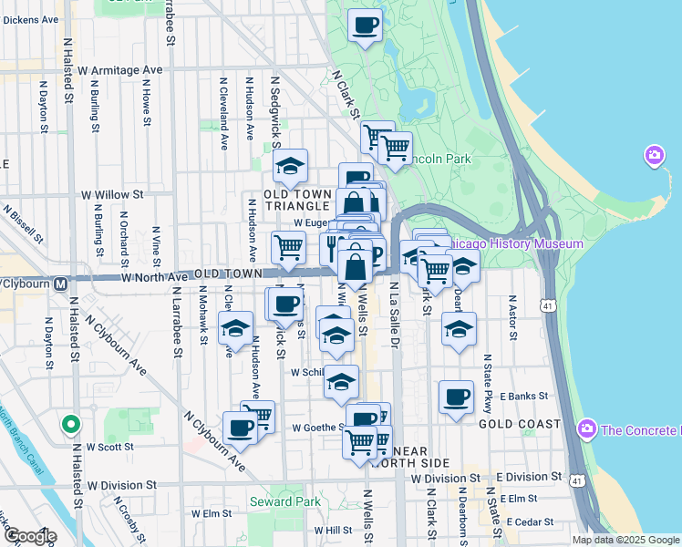 map of restaurants, bars, coffee shops, grocery stores, and more near 234 West North Avenue in Chicago