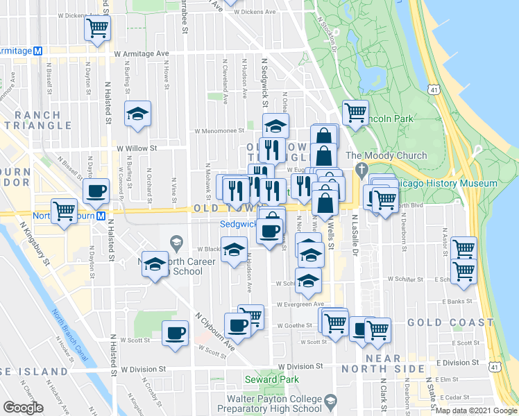 map of restaurants, bars, coffee shops, grocery stores, and more near in Chicago
