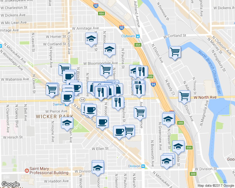map of restaurants, bars, coffee shops, grocery stores, and more near 1628 North Paulina Street in Chicago