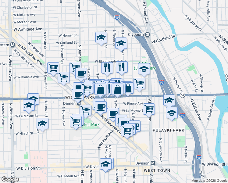 map of restaurants, bars, coffee shops, grocery stores, and more near 1629 North Honore Street in Chicago
