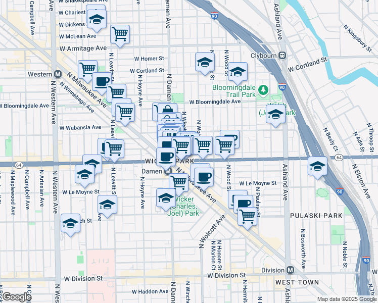 map of restaurants, bars, coffee shops, grocery stores, and more near 1632 North Winchester Avenue in Chicago
