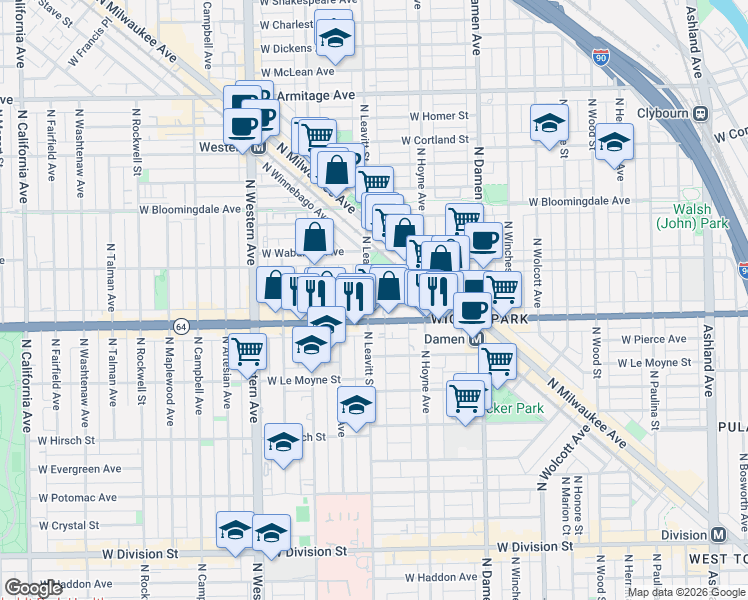 map of restaurants, bars, coffee shops, grocery stores, and more near 1638 North Leavitt Street in Chicago