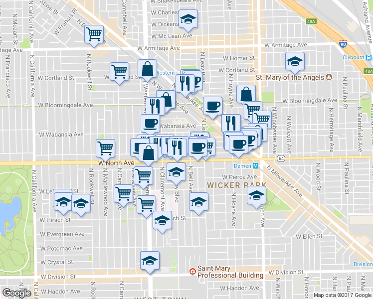 map of restaurants, bars, coffee shops, grocery stores, and more near 1638 North Bell Avenue in Chicago