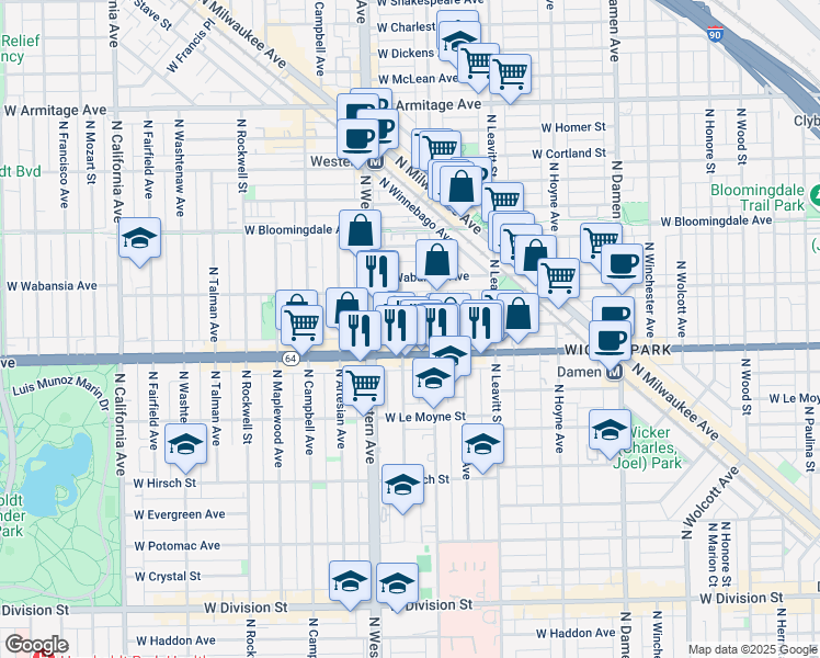 map of restaurants, bars, coffee shops, grocery stores, and more near 1635 North Claremont Avenue in Chicago