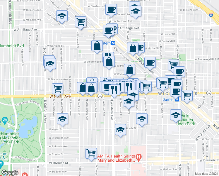 map of restaurants, bars, coffee shops, grocery stores, and more near 1635 North Western Avenue in Chicago