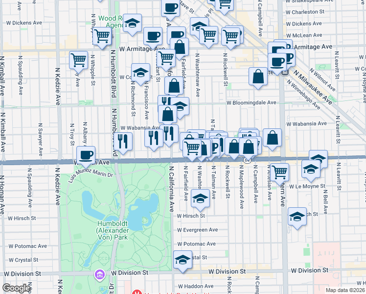 map of restaurants, bars, coffee shops, grocery stores, and more near 1642 North Fairfield Avenue in Chicago