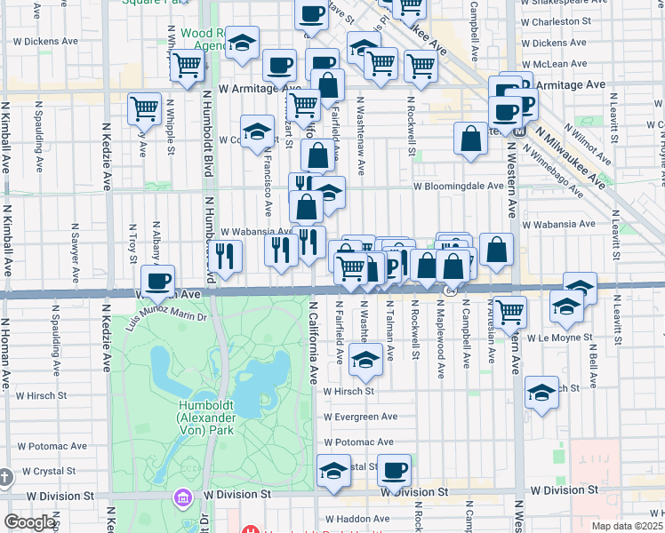 map of restaurants, bars, coffee shops, grocery stores, and more near 1642 North Fairfield Avenue in Chicago