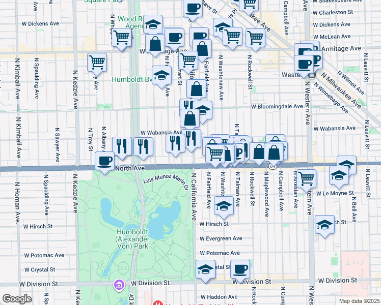 map of restaurants, bars, coffee shops, grocery stores, and more near 1638 North California Avenue in Chicago