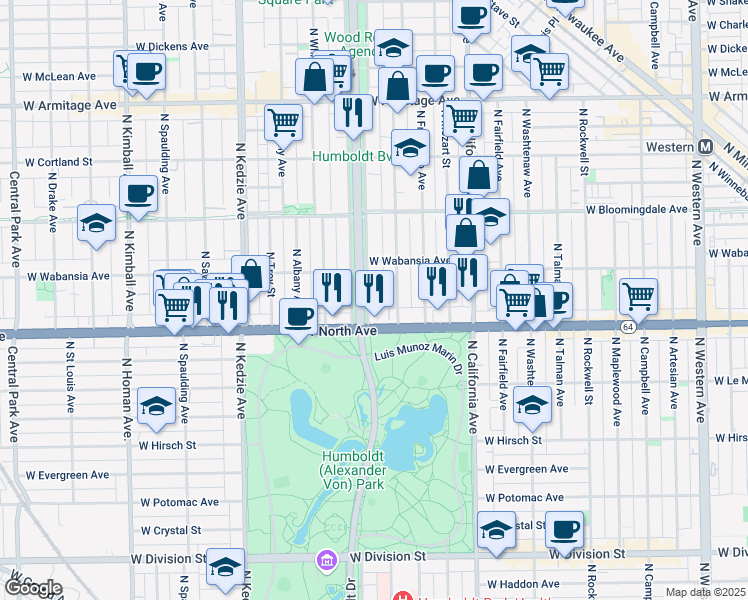 map of restaurants, bars, coffee shops, grocery stores, and more near in Chicago