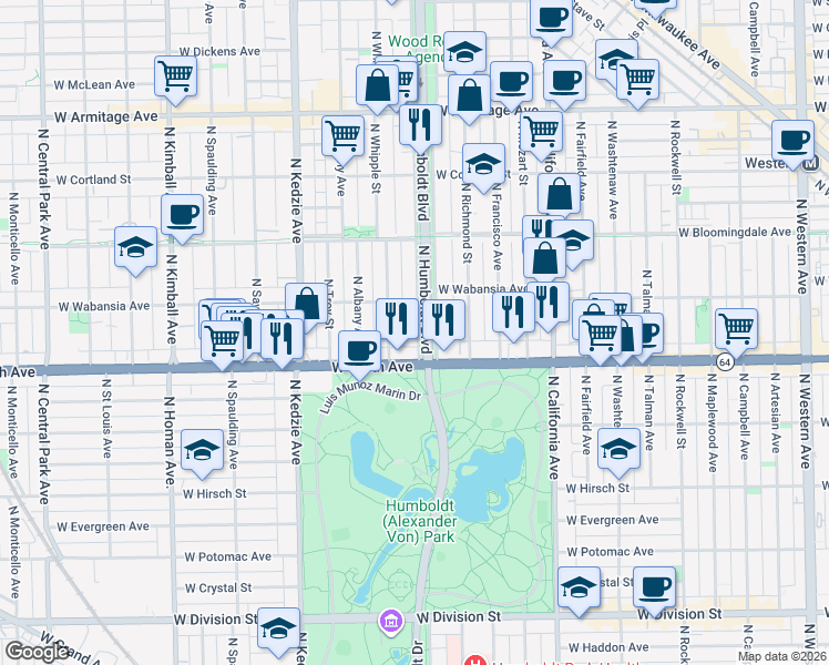 map of restaurants, bars, coffee shops, grocery stores, and more near 1650 North Humboldt Boulevard in Chicago