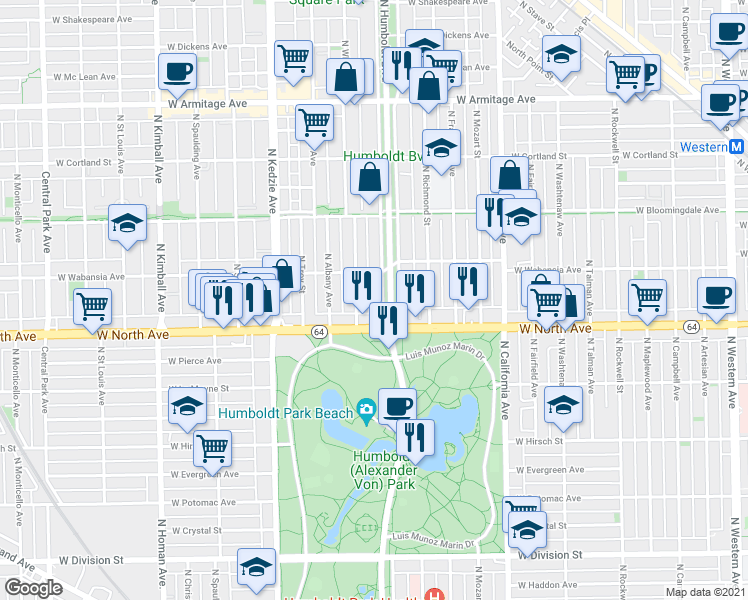 map of restaurants, bars, coffee shops, grocery stores, and more near 1650 North Humboldt Boulevard in Chicago