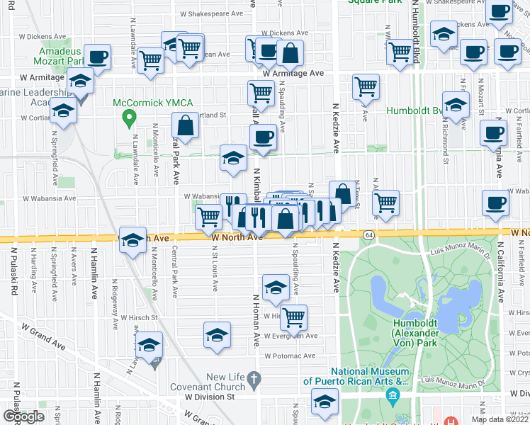 map of restaurants, bars, coffee shops, grocery stores, and more near 1647 North Kimball Avenue in Chicago