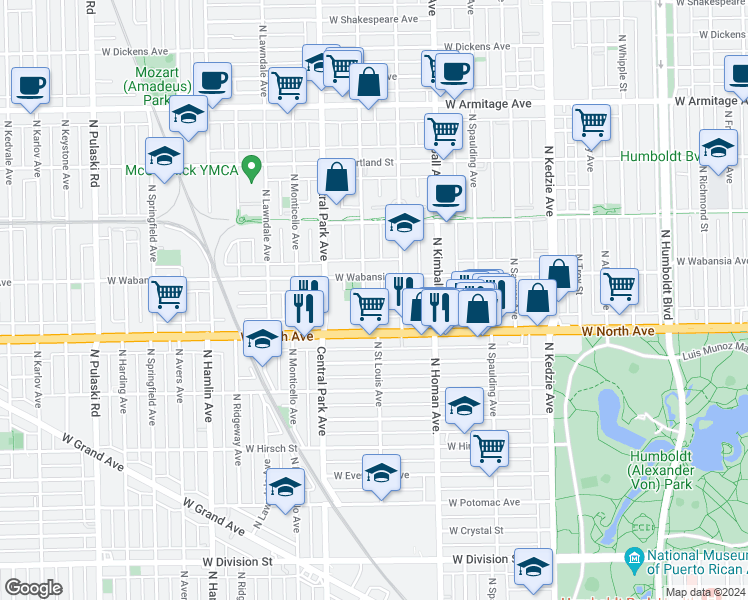 map of restaurants, bars, coffee shops, grocery stores, and more near 1642 North Saint Louis Avenue in Chicago