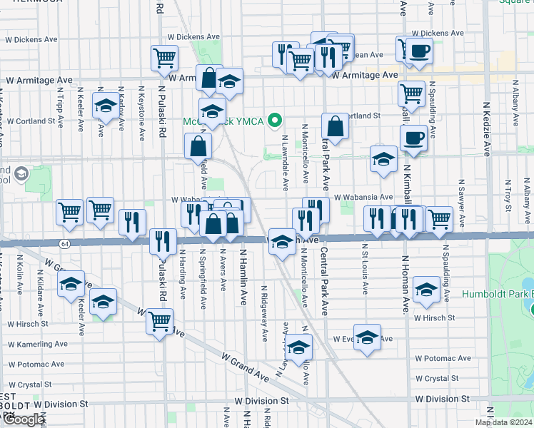 map of restaurants, bars, coffee shops, grocery stores, and more near 3721 West Wabansia Avenue in Chicago