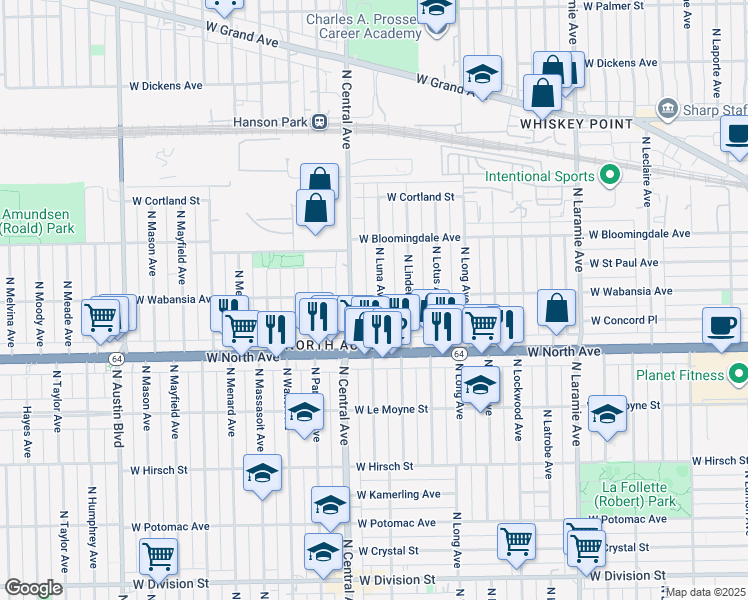 map of restaurants, bars, coffee shops, grocery stores, and more near 1711 North Central Avenue in Chicago