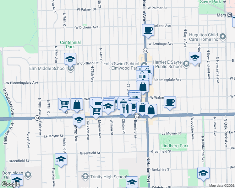 map of restaurants, bars, coffee shops, grocery stores, and more near 1717 North 74th Avenue in Chicago