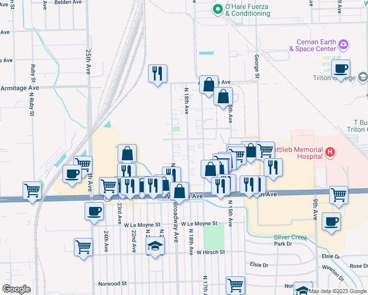 map of restaurants, bars, coffee shops, grocery stores, and more near 1978 North 18th Avenue in Melrose Park