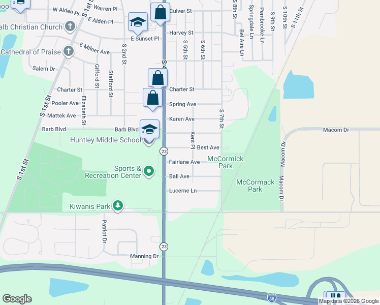 map of restaurants, bars, coffee shops, grocery stores, and more near 423 Best Avenue in DeKalb