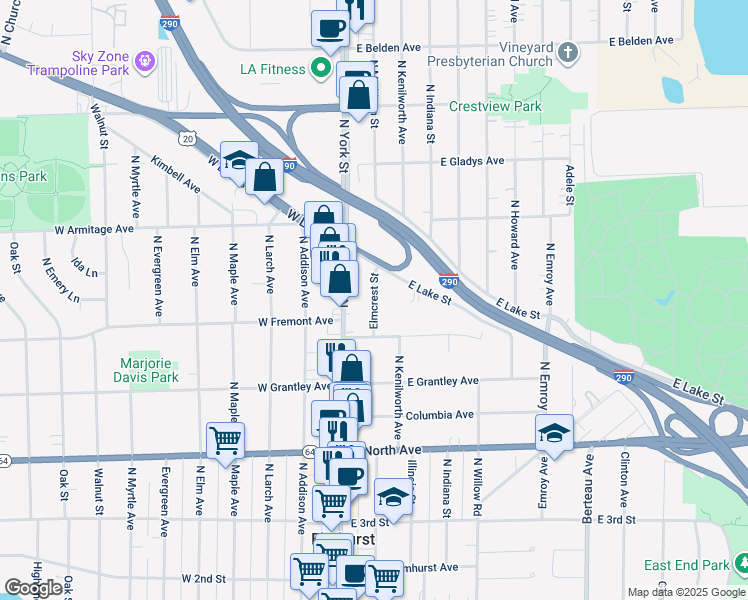 map of restaurants, bars, coffee shops, grocery stores, and more near Elmcrest Street in Elmhurst