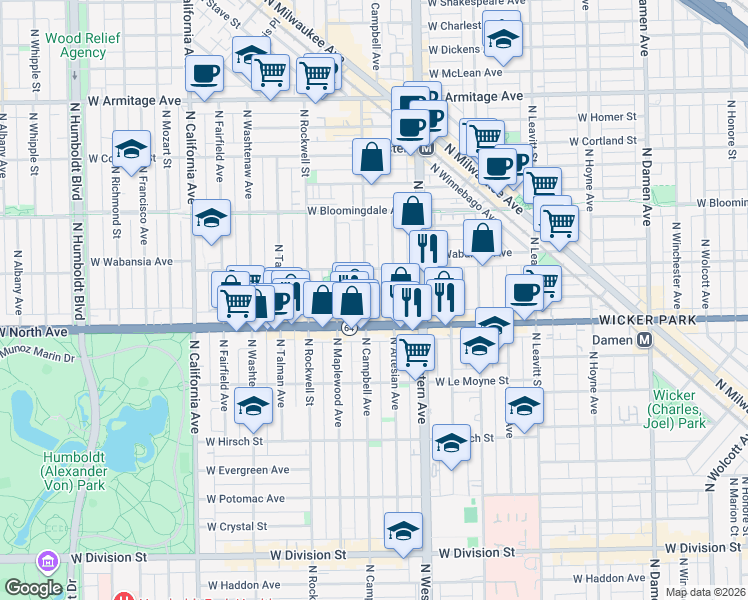 map of restaurants, bars, coffee shops, grocery stores, and more near 1625 North Campbell Avenue in Chicago