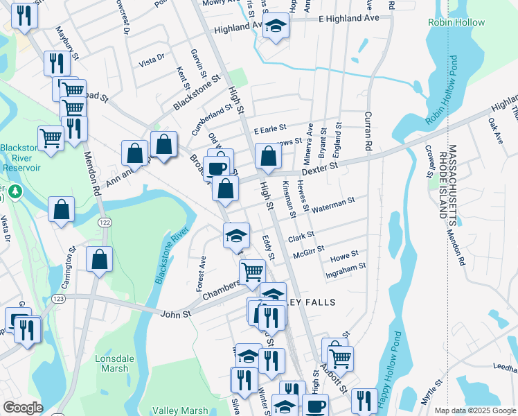map of restaurants, bars, coffee shops, grocery stores, and more near 401 High Street in Cumberland