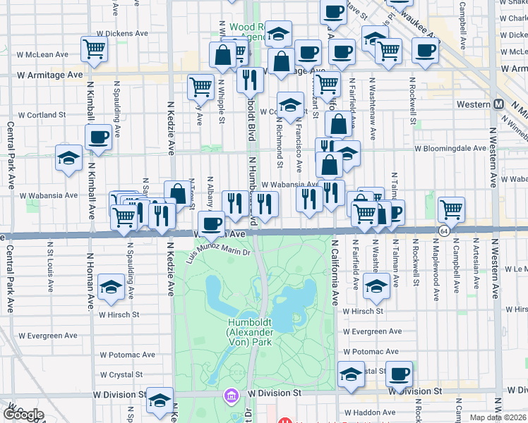 map of restaurants, bars, coffee shops, grocery stores, and more near 1627 North Humboldt Boulevard in Chicago