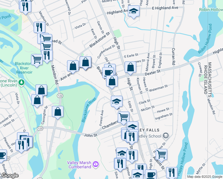 map of restaurants, bars, coffee shops, grocery stores, and more near 433 Broad Street in Cumberland